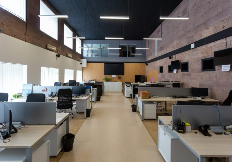 Open-plan office illuminated by linear LED lighting