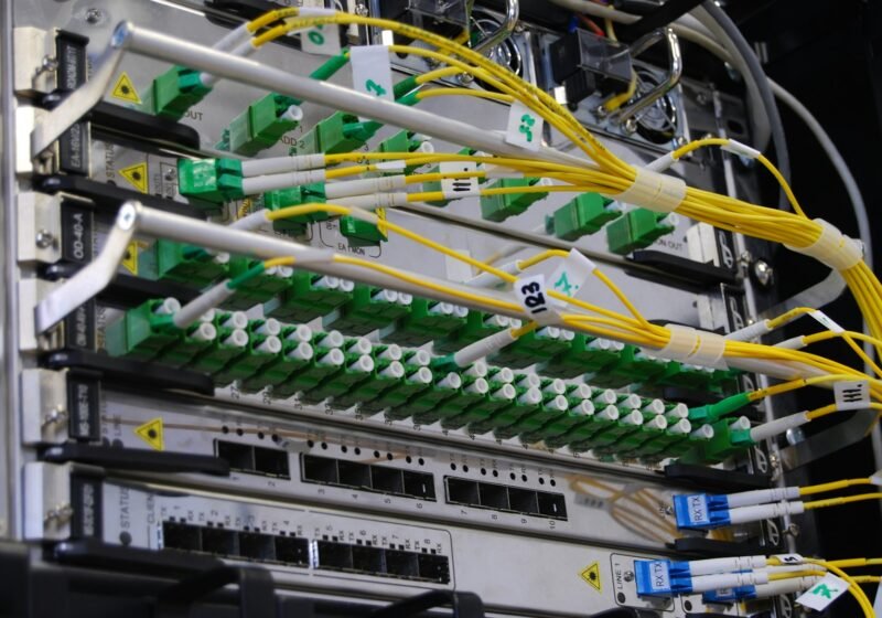 Fiber optic and network cabling terminated in a server rack